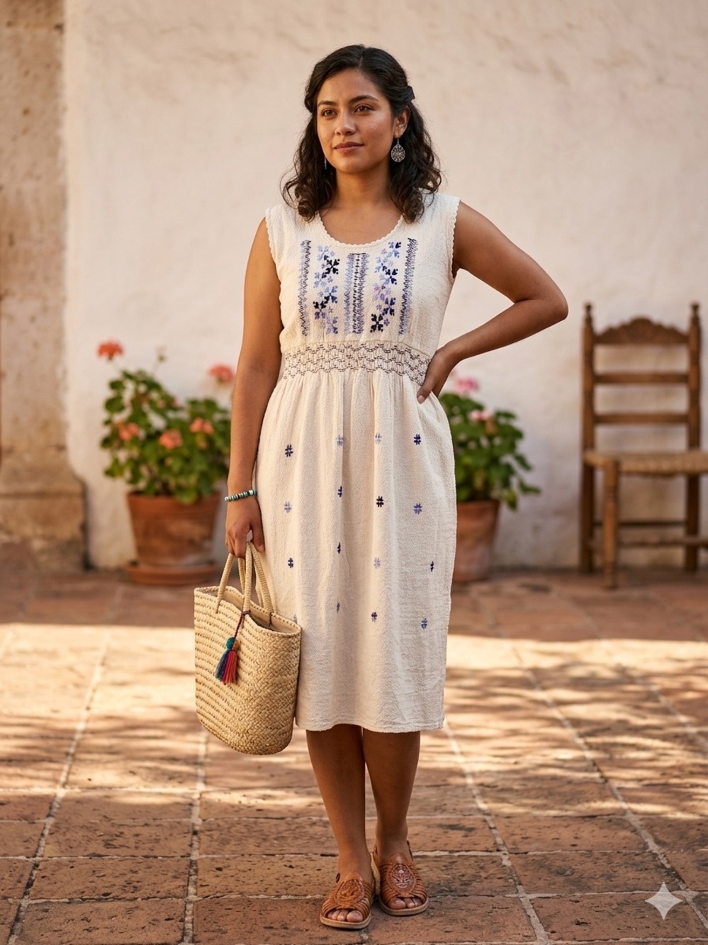 New Mexican Cream Embroidered Sleeveless Midi Dress - Blue Floral Detail